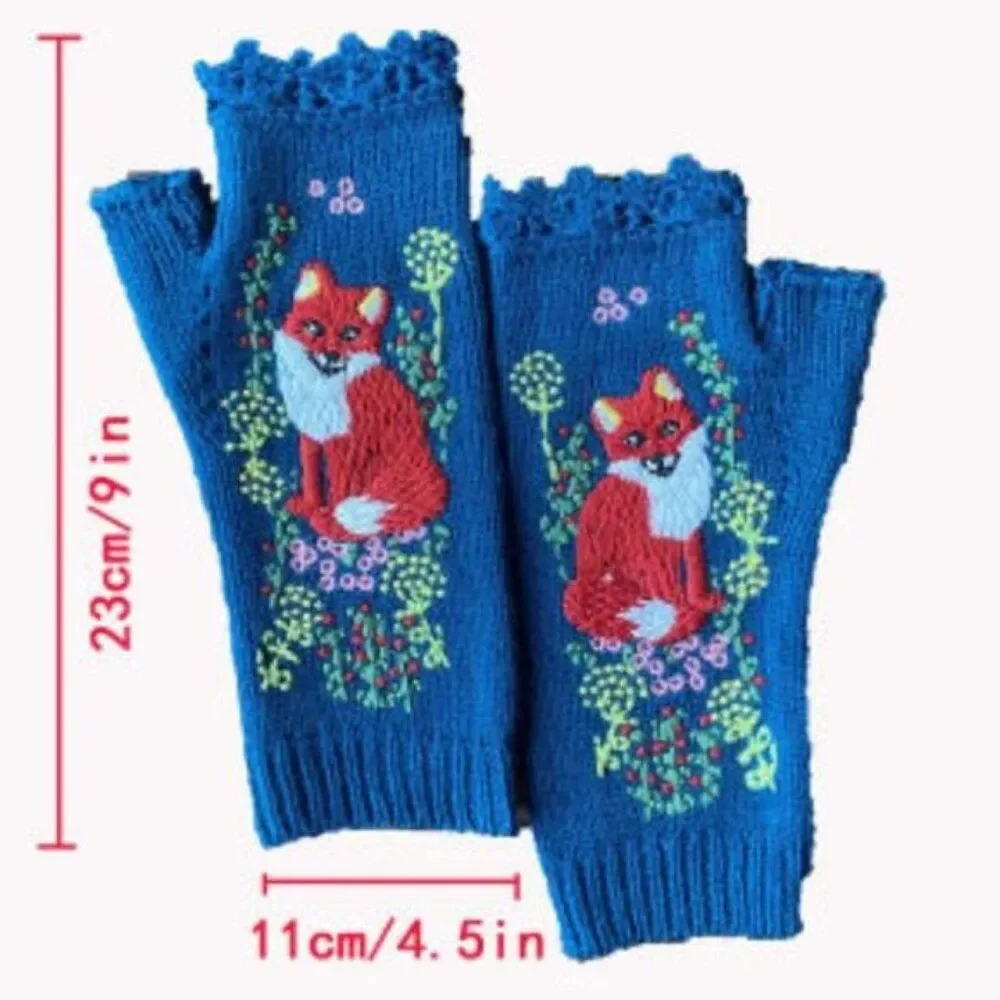 Winter Knit Gloves, Handmade Embroidery, Knitted Fox Gloves Arm Warmer Women